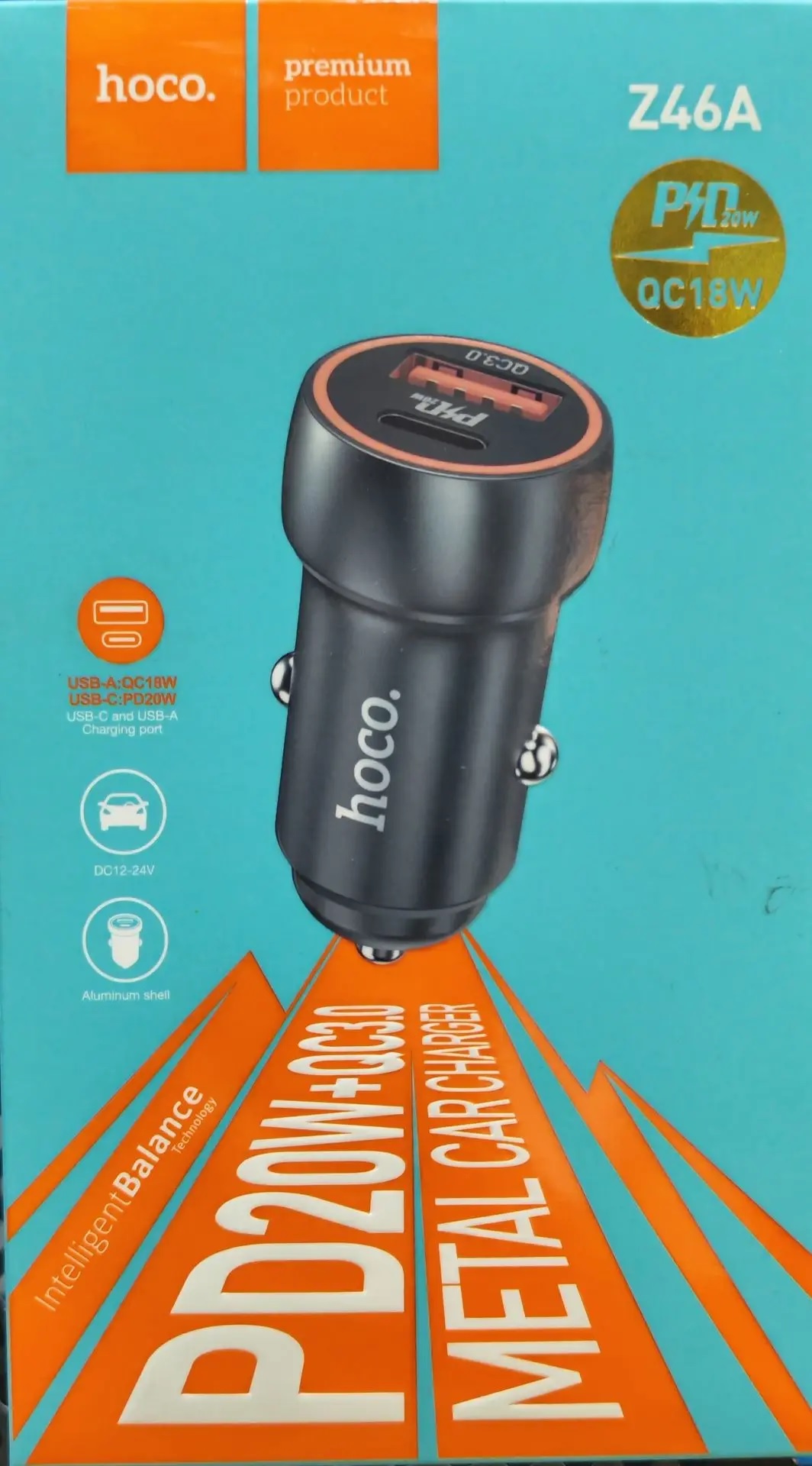 Адаптер в прикуриватель 1USB3.0 Quick Charger+1PD Type-C(20W), серый HOCO Z46A 0332