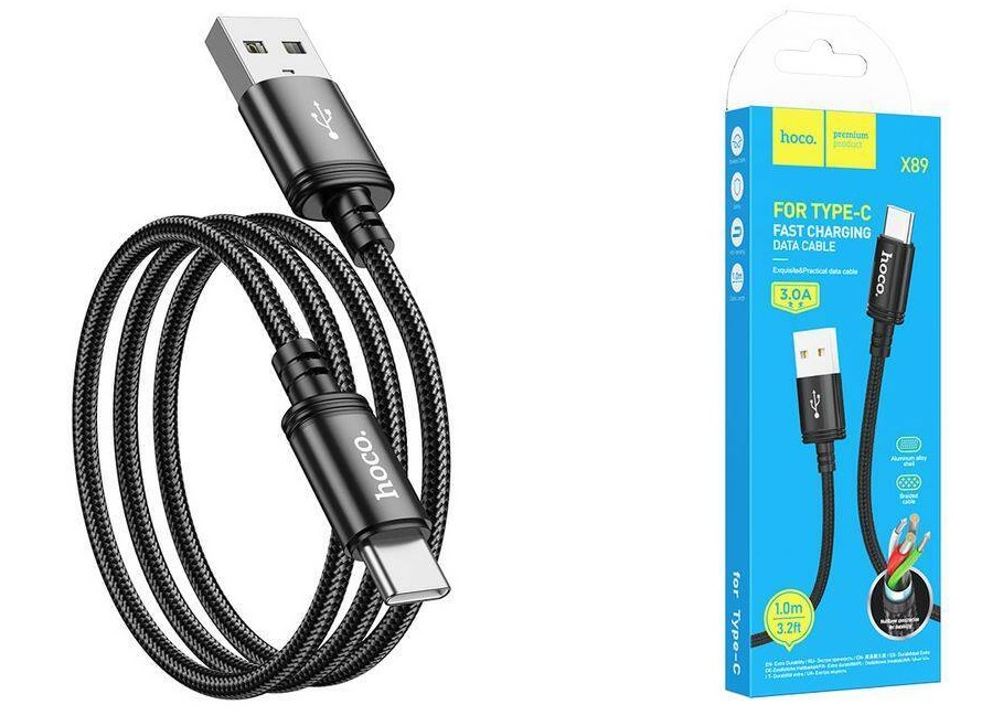 Дата-кабель универ. USB Type-C 1м, 2,4А, нейлоновая оплетка, черный HOCO X89 4360